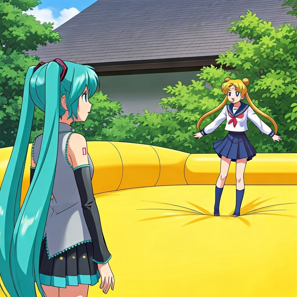 Hatsune Miku and Usagi on Bouncy Castle, Ghibli Style