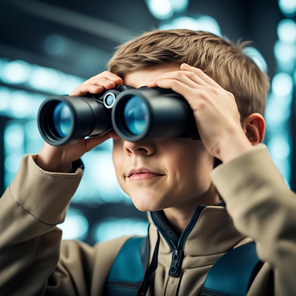 Boy with Binoculars in Futuristic Setting