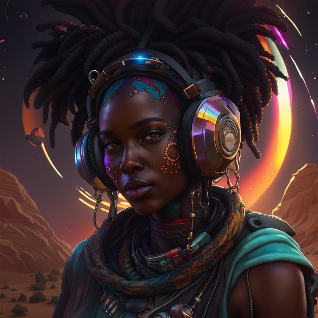 Black Nomad DJ on Alien Planet, Hyperdetailed Art