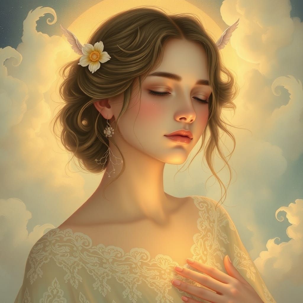 Ethereal Woman Embodies Compassion in Art Nouveau Style
