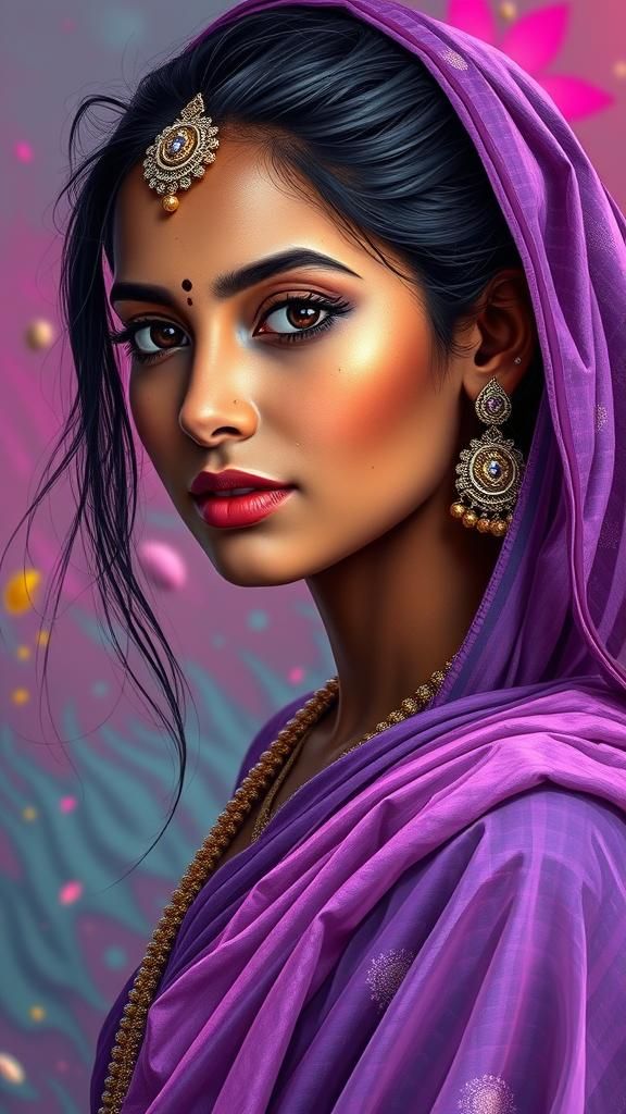 Indian Girl in Lavender Saree: Hyperrealistic Splash Art