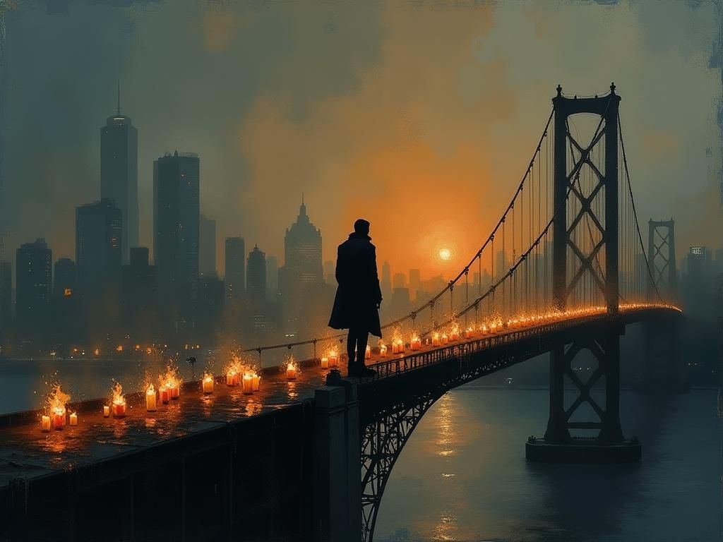 Burning Bridge Silhouette in Expressive Painting Style