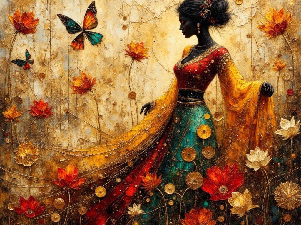 Indian Princess Silhouette with Lotus Flowers