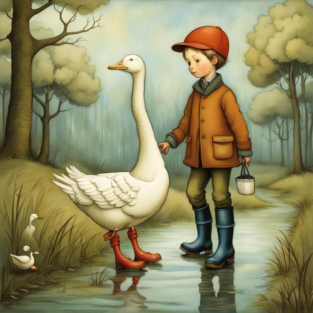 Boy and Goose Walk, Vintage Illustration