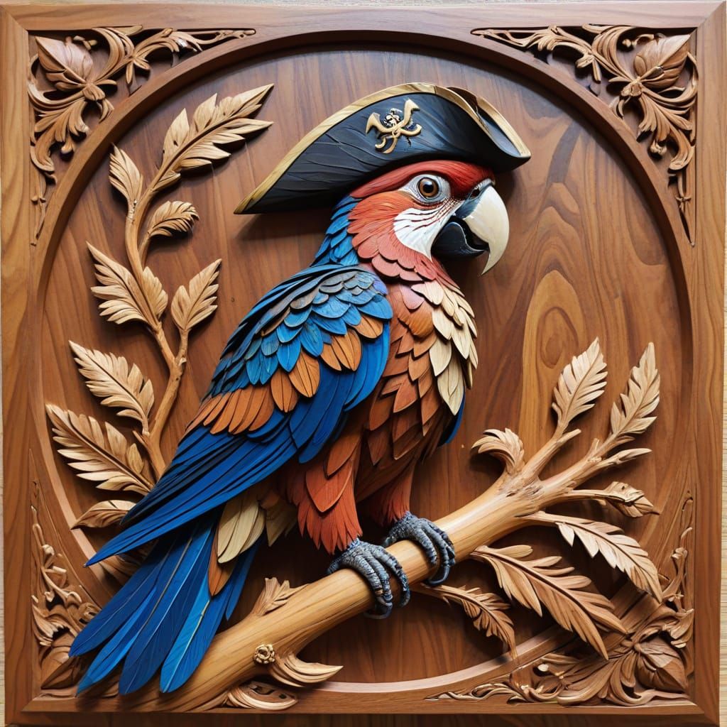 Marquetry Relief of a Pirate Parrot in Wood Carving Style