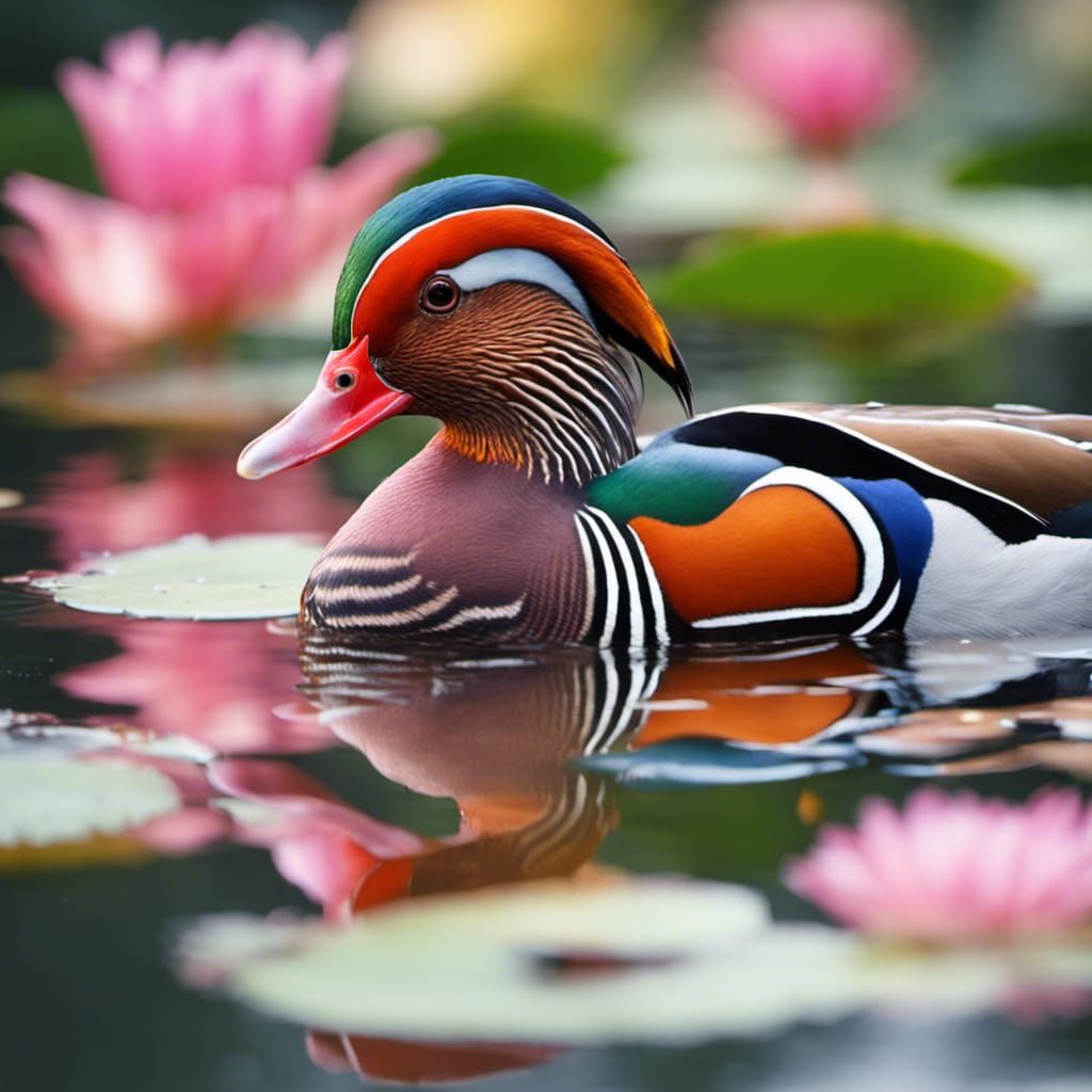 Iridescent Mandarin Duck Portrait on Lily Pond