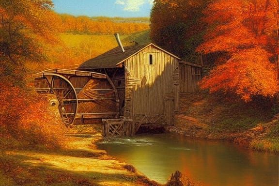 Old Mill in Autumn, Pre-Raphaelite Oil Painting