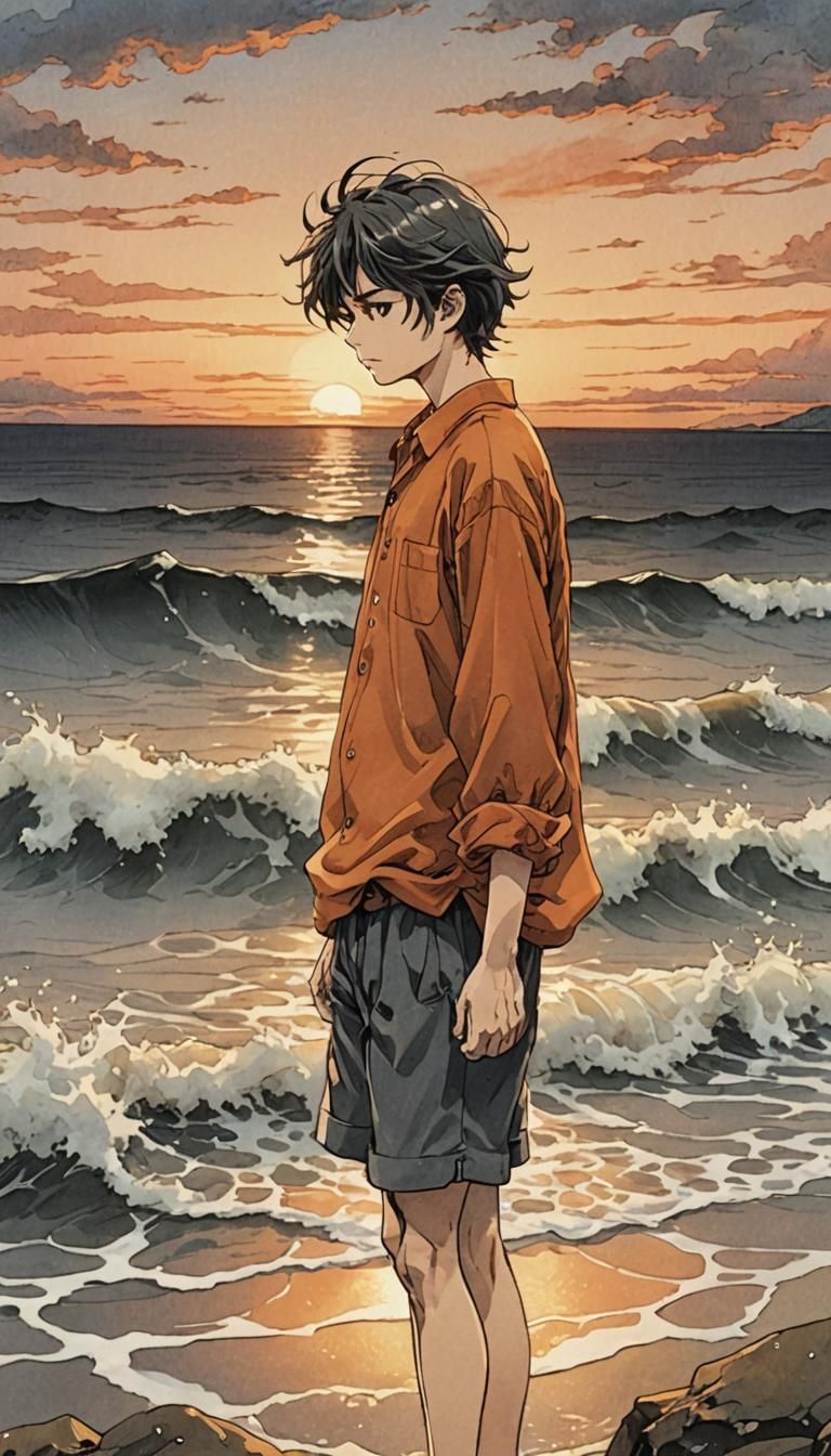 Tragic Anime Portrait at Sunset Shoreline