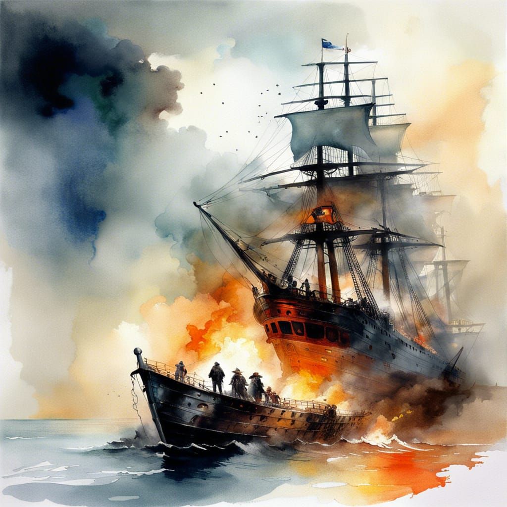 Ghost Pirate Captain on Burning Ship, Watercolor Style