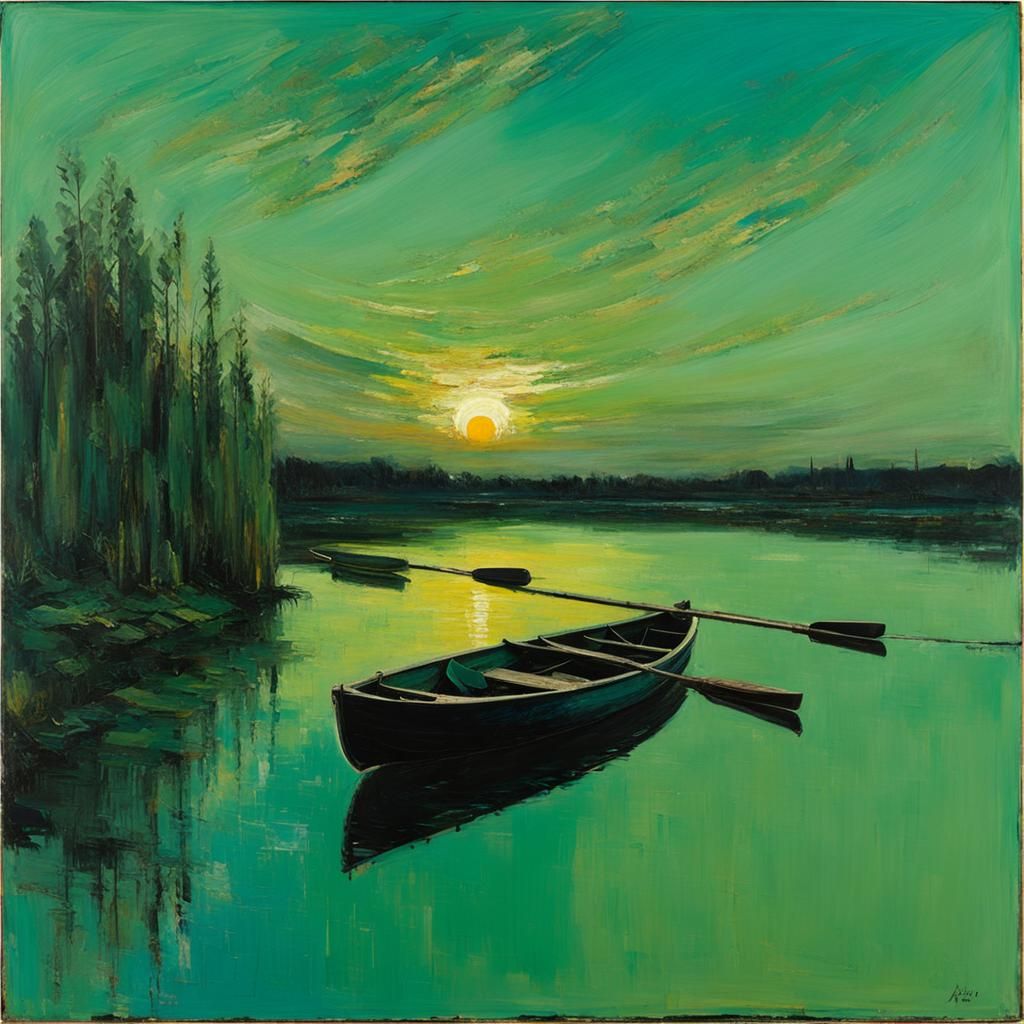 Tranquil Sunset Lake with Rowing Boat: Expressionist Paintin...