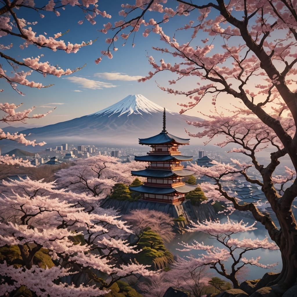 Mt Fuji Temple Scene in Japanese Art Style
