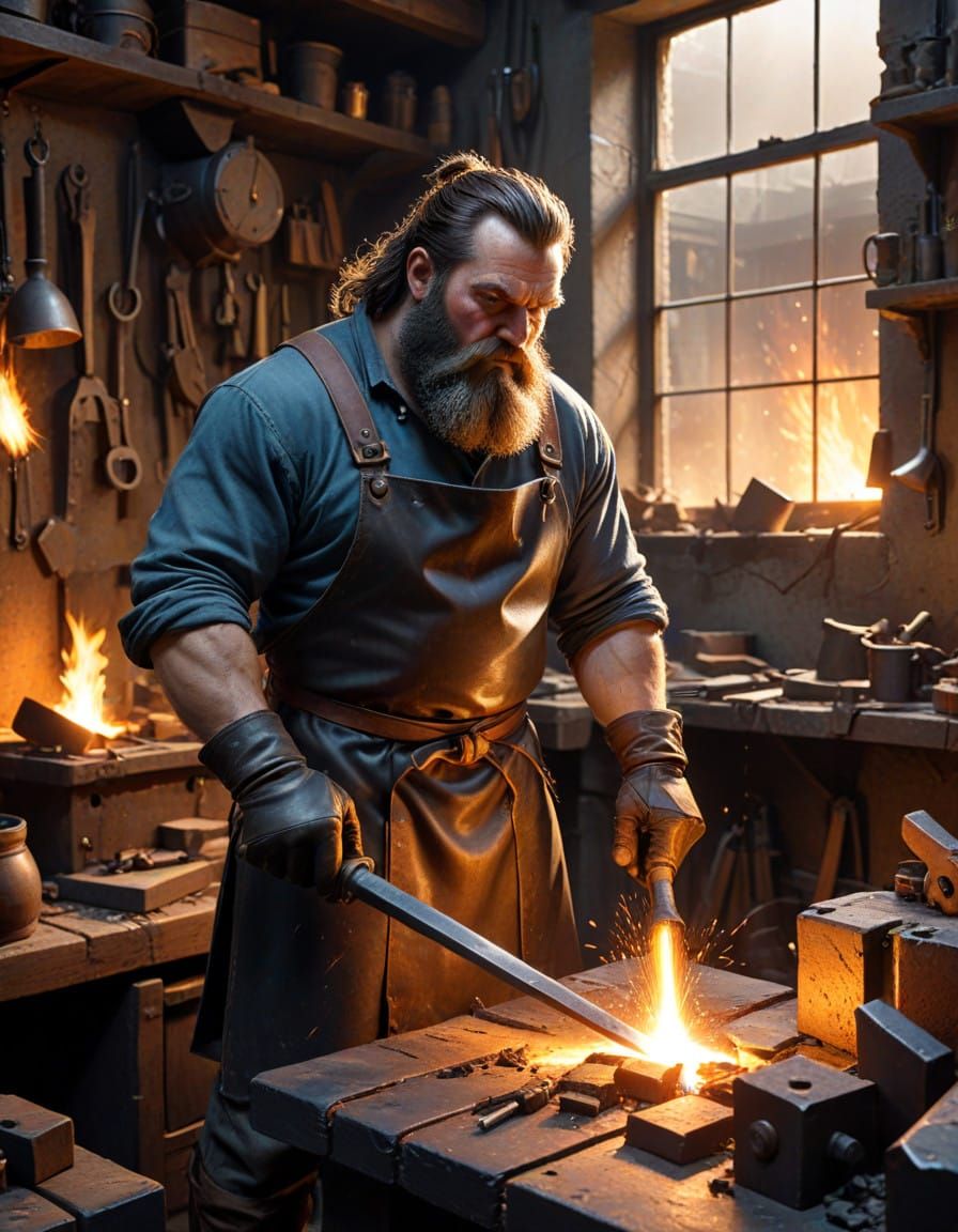 Sturdy Dwarf Blacksmith Forges in Golden Light