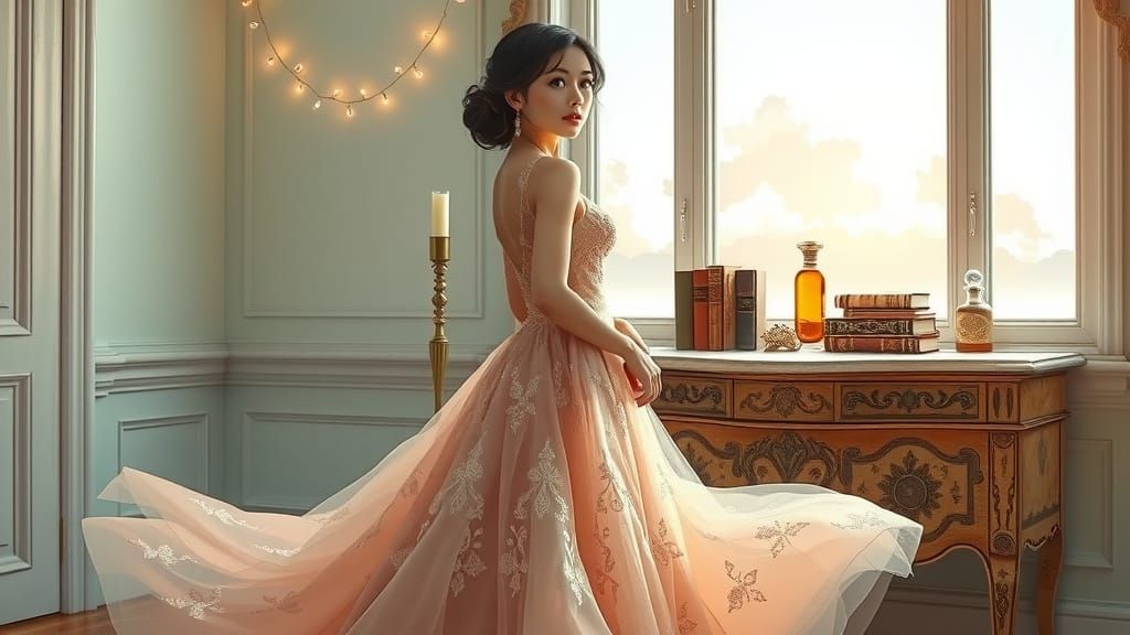 Ethereal Asian Woman in Pastel Boudoir