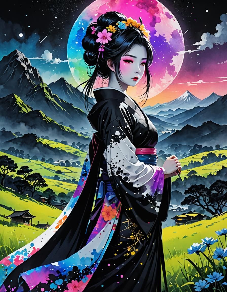 Geisha at Pasture with Mountain Range in Watercolor