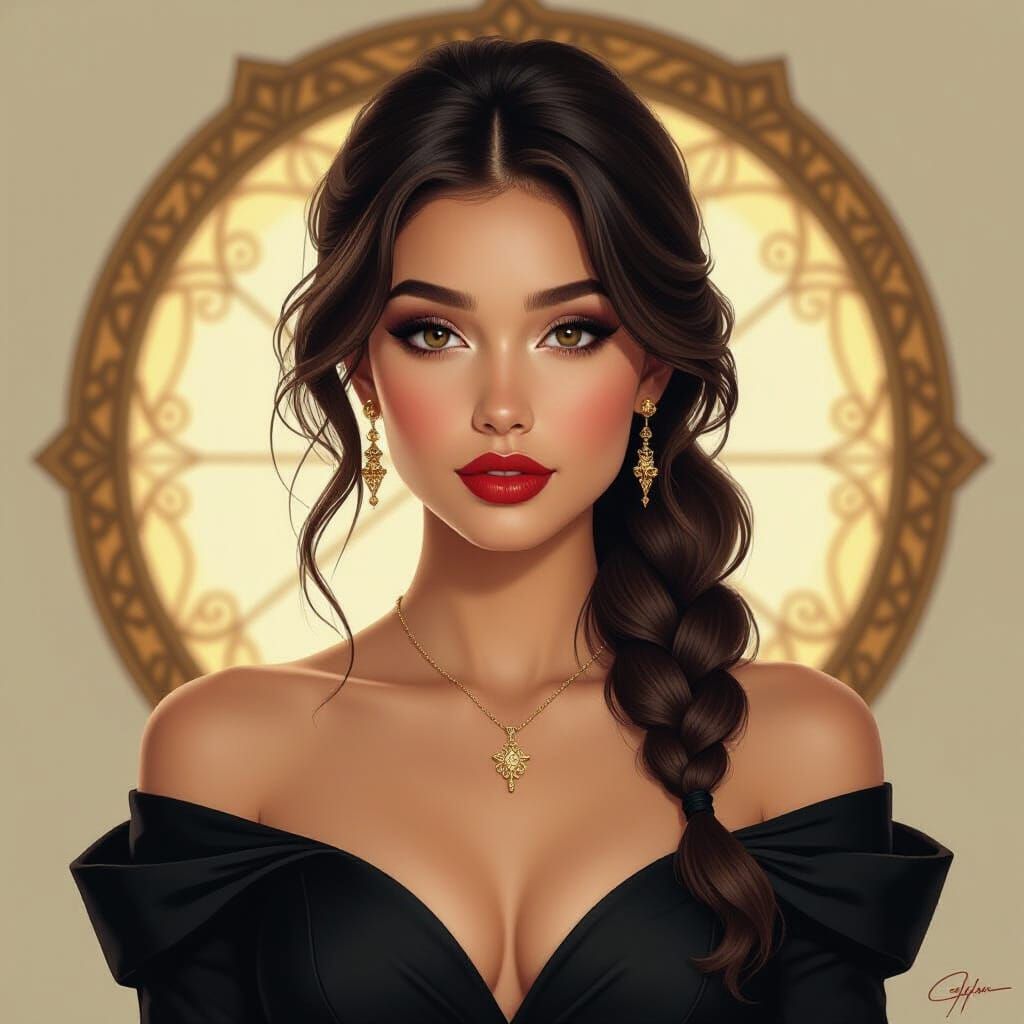 Young Woman with Dark Wavy Hair in Updo, V-Neck Dress