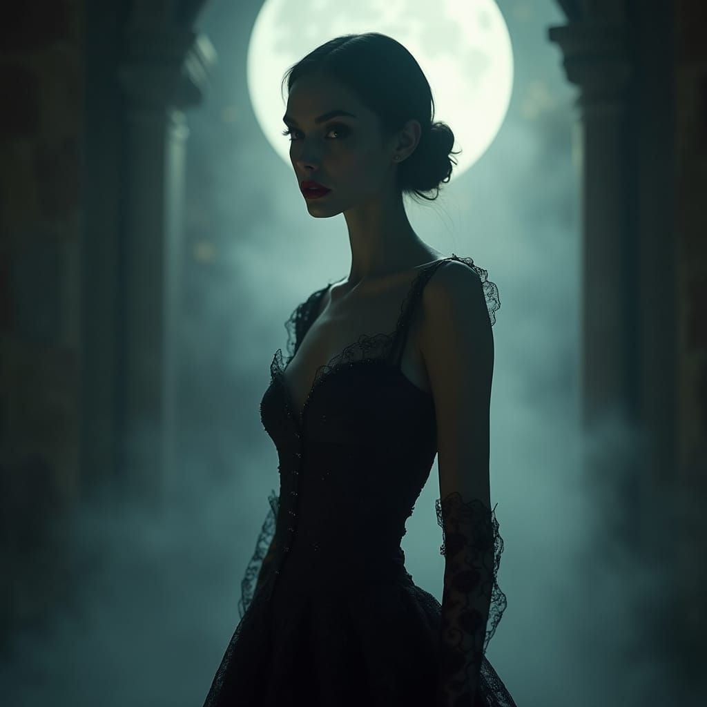 Ethereal Gothic Woman in Black Lace Gown