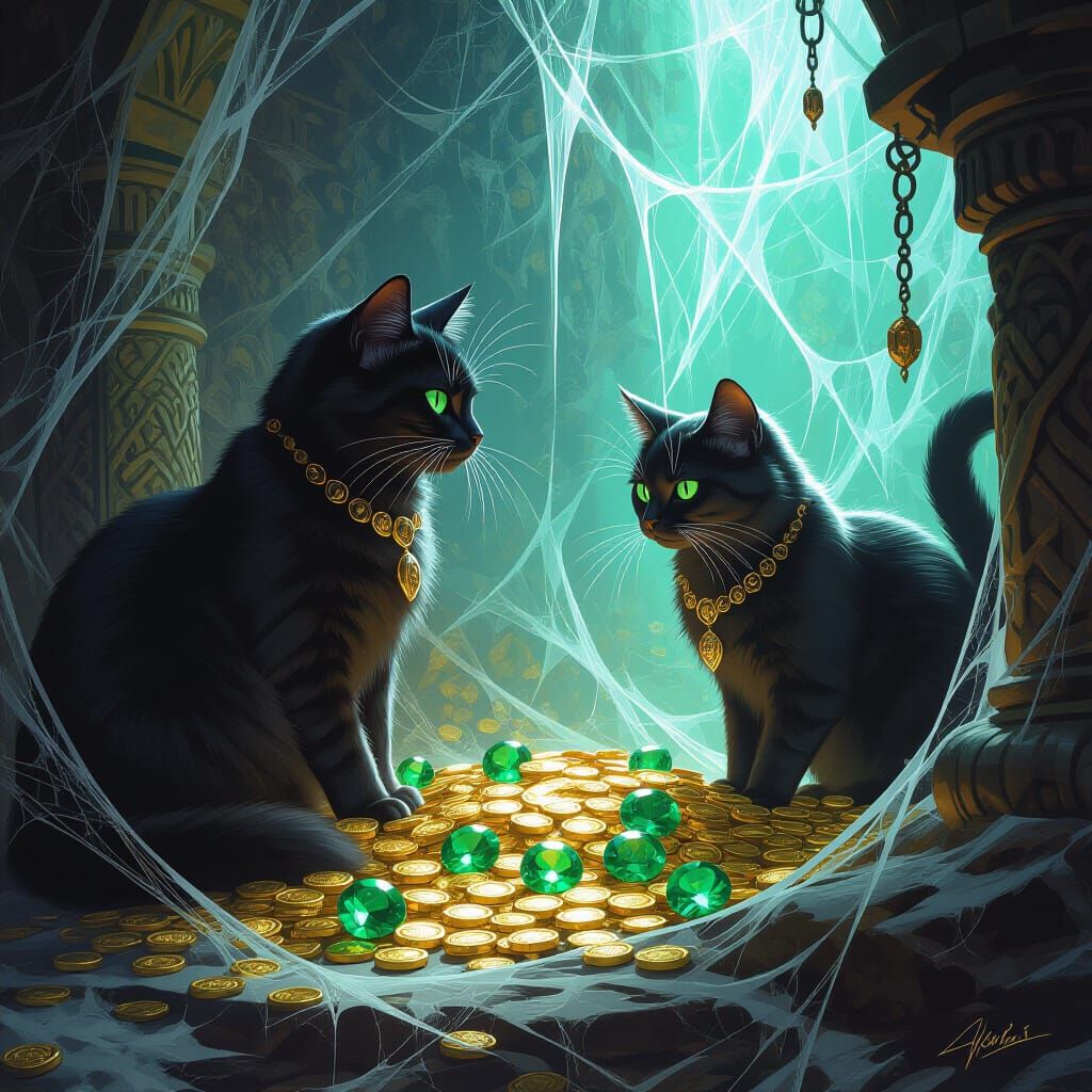 Cats Guarding Treasure in Detailed Matte Painting
