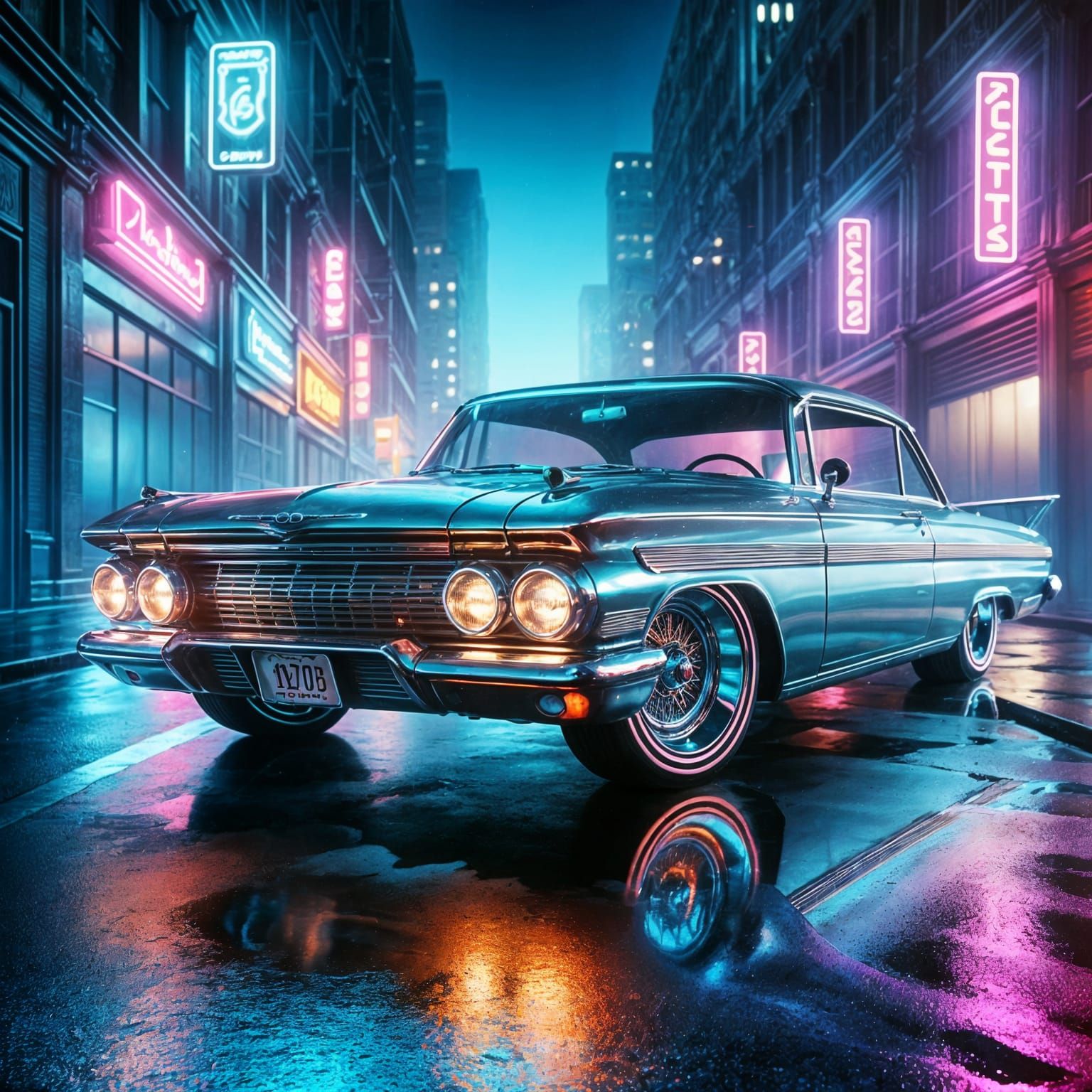Vintage Car in Neon-Lit Dystopia
