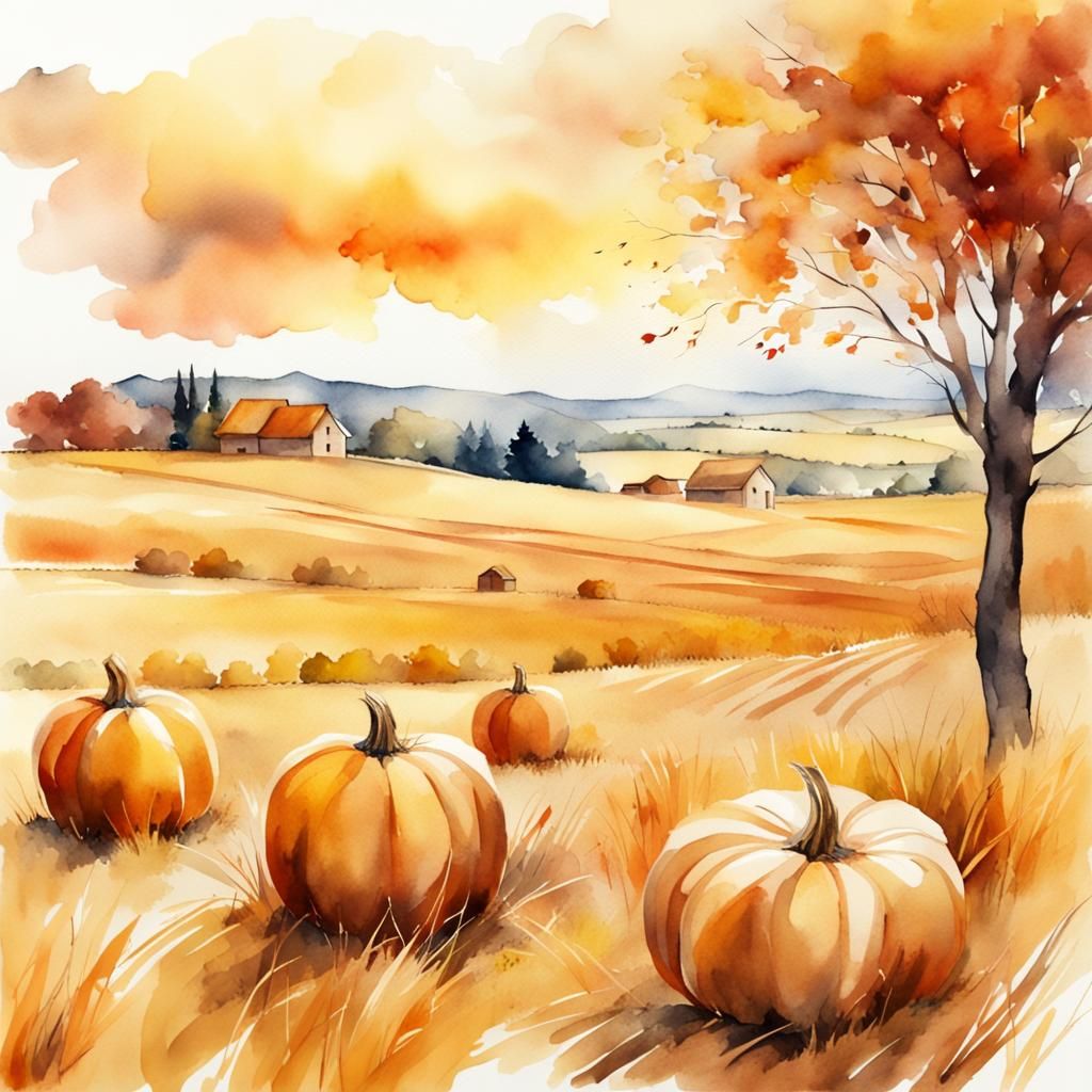 Golden Autumnal Harvest in Watercolor Style