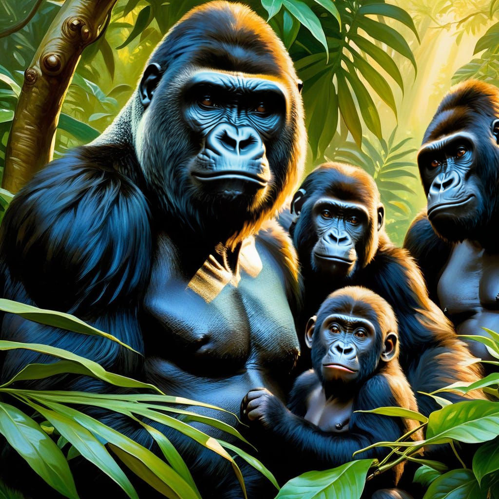 Gorilla Family Chilling at the Zoo as Oil Painting