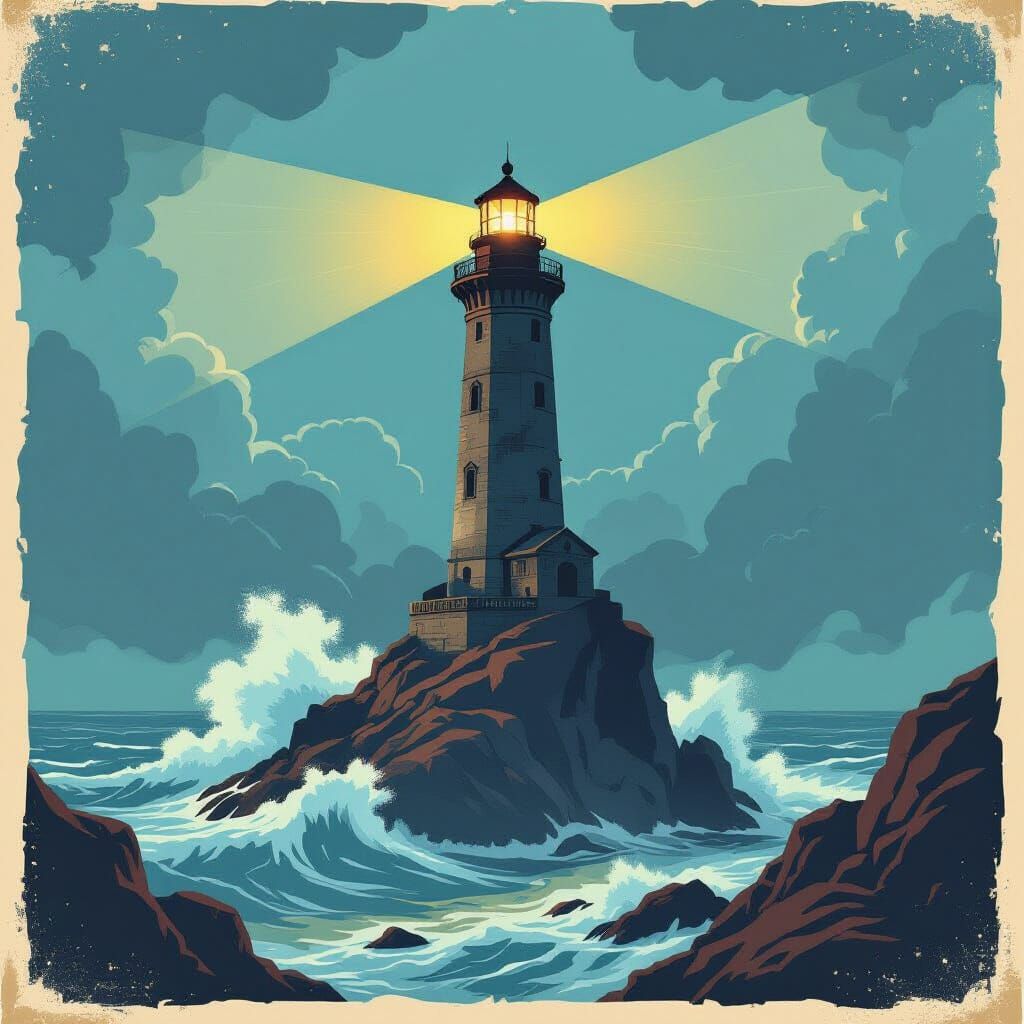 Ancient Lighthouse in Tempestuous Sea Vintage Poster Style