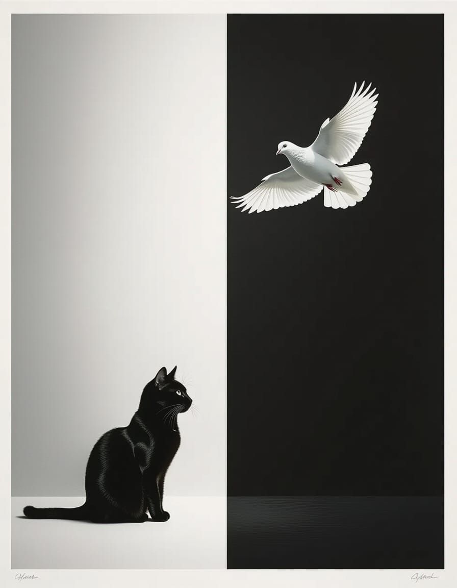 Minimalist Cat and Pigeon in High Contrast
