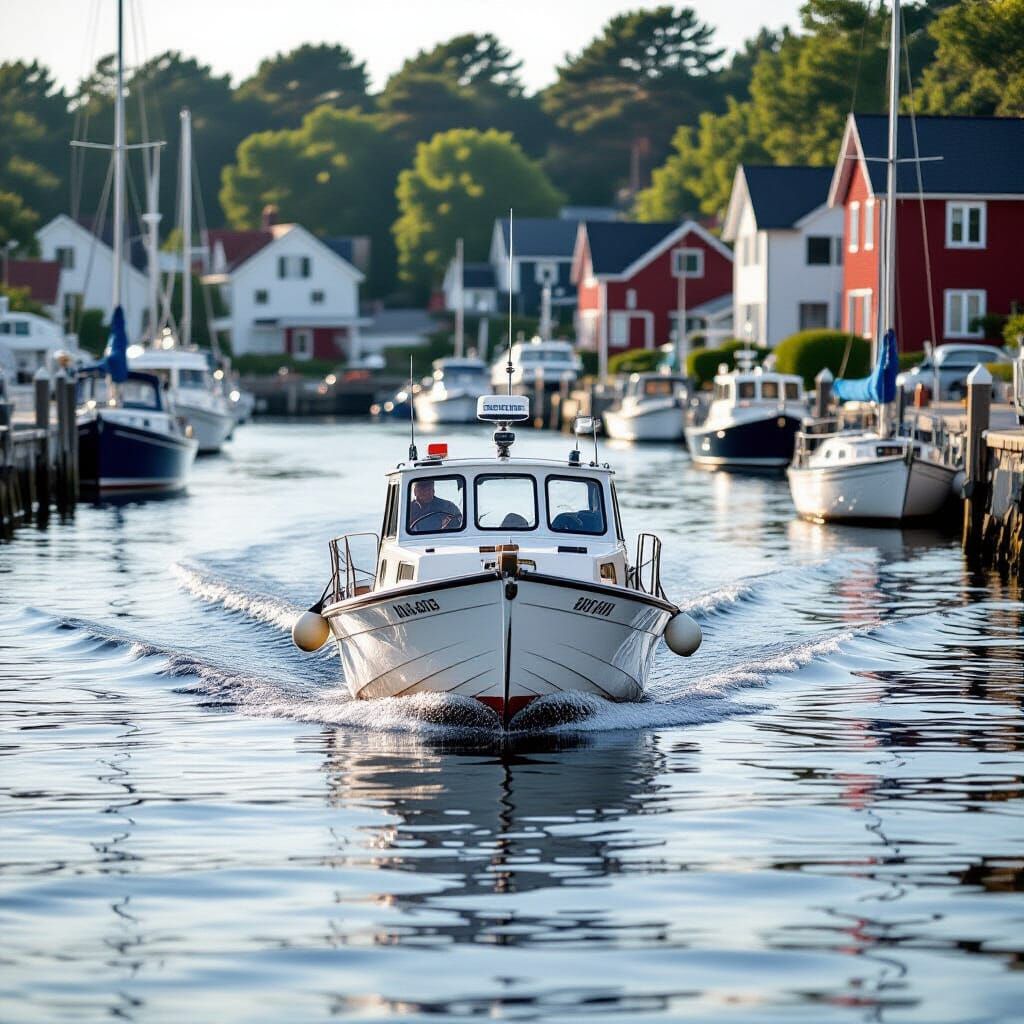 Fishing Boat Enters Calm Harbor: Natural Light