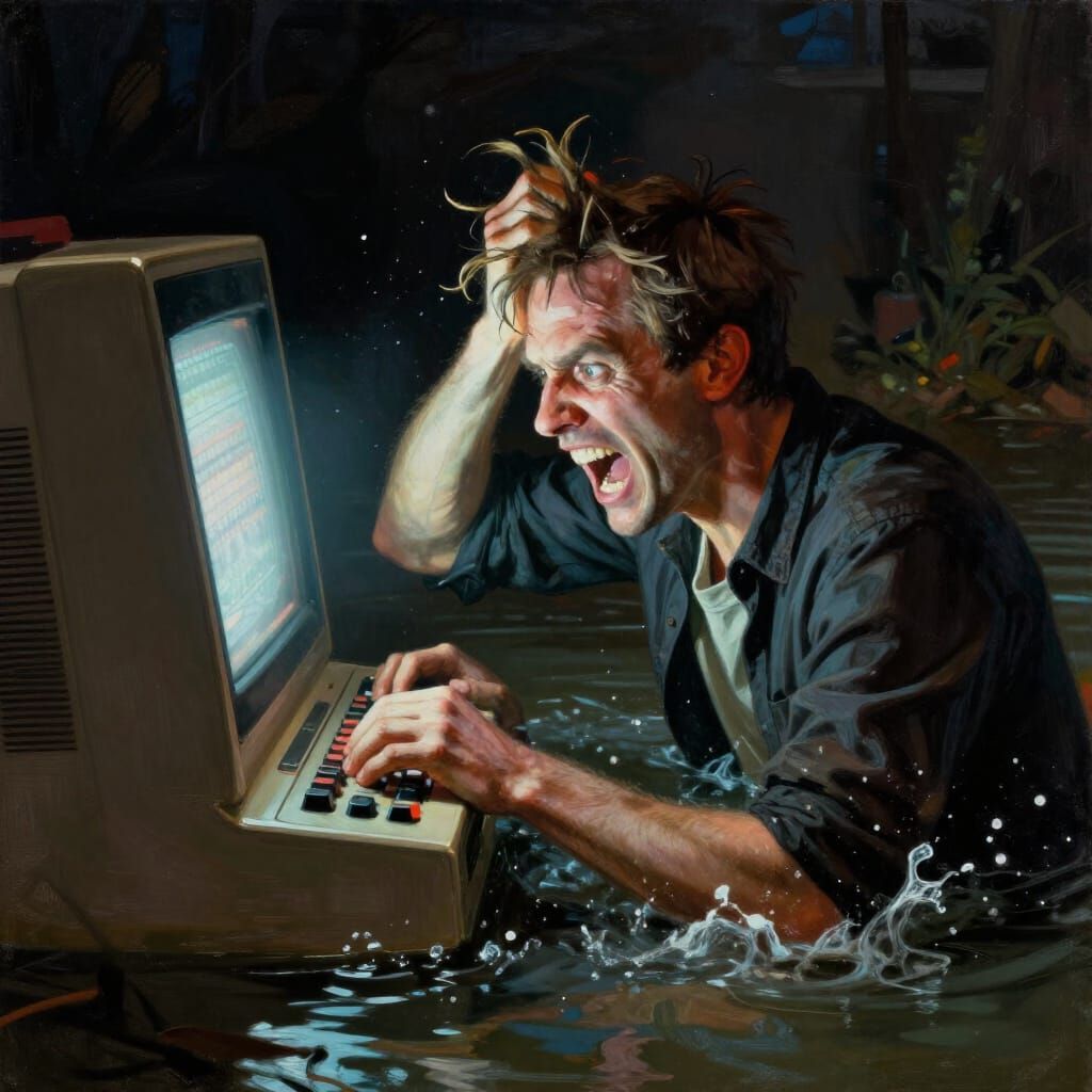 Man's Intense Struggle with Old Video Game in Murky Pond