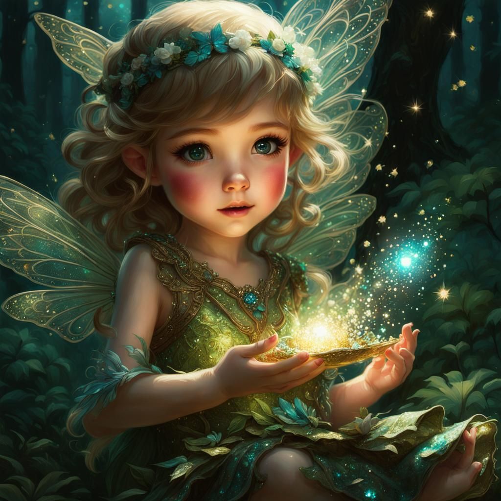 Chibi Fairy in Glittering Forest: Digital Art