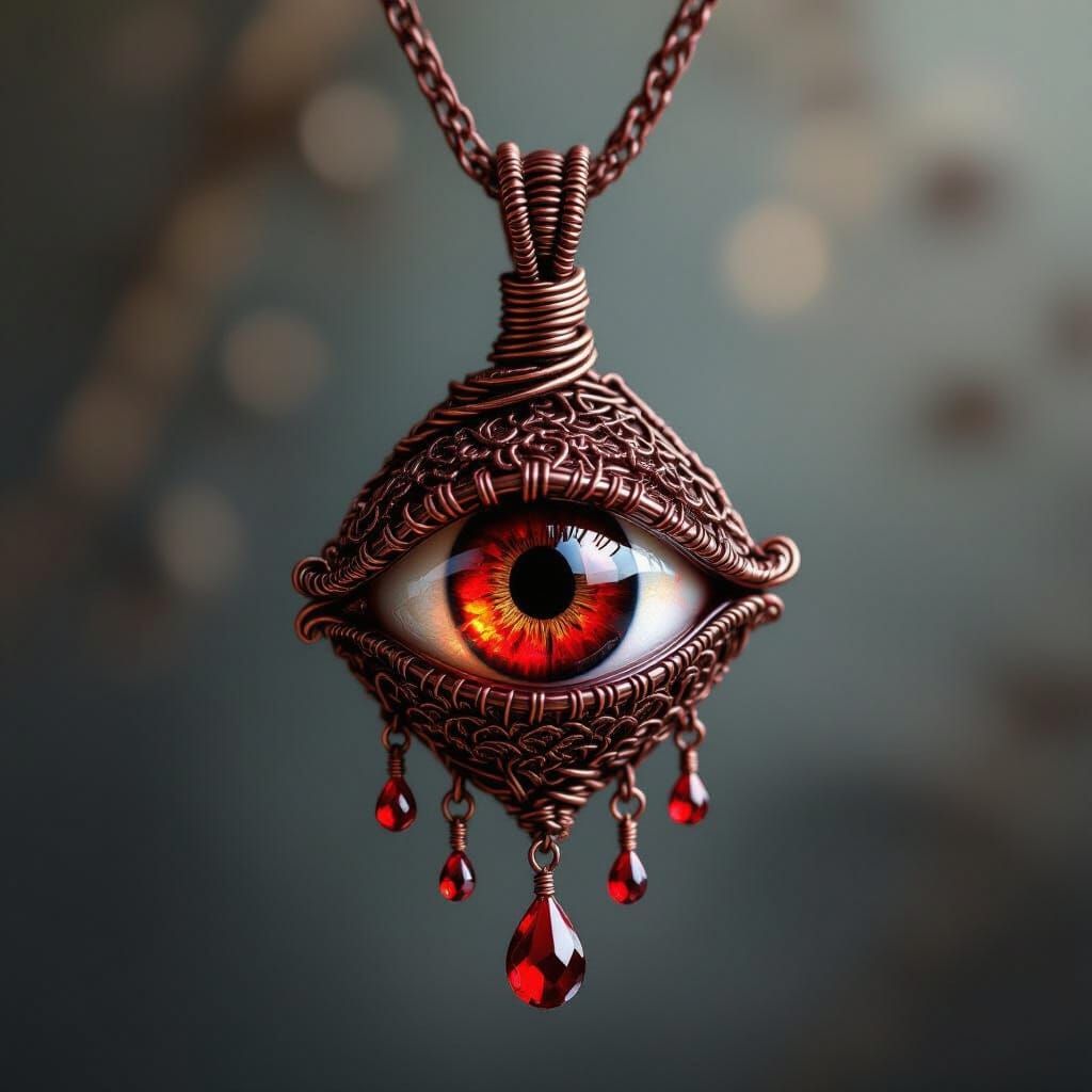 Copper Wire Pendant With Blood Red Crystal Eye