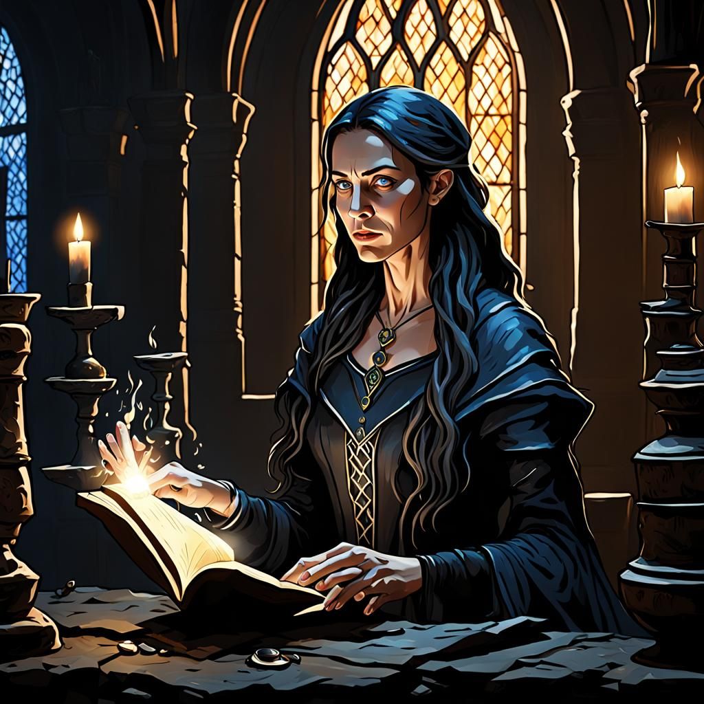 Elegant Sorceress Reading Spellbook in Dark Fantasy Style
