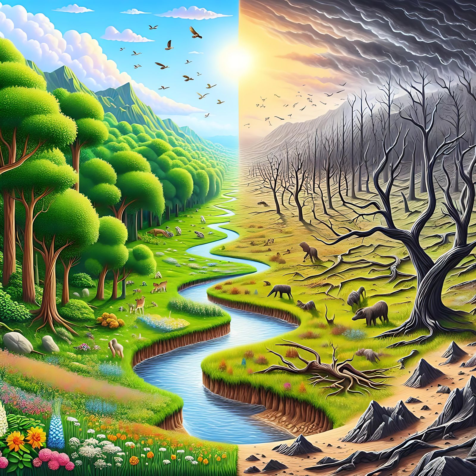 Contrasting Landscapes: Lush Paradise vs. Barren Wasteland