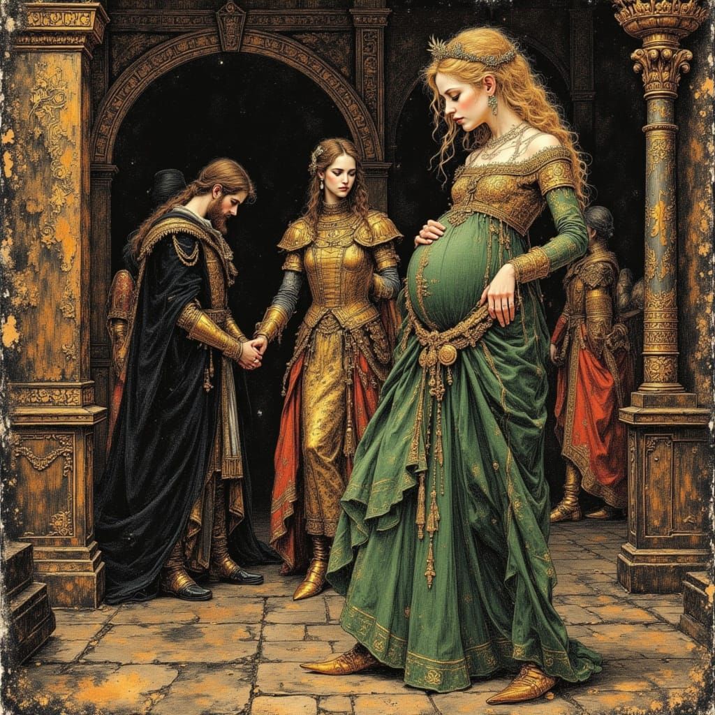 Pregnant Noblewoman in Green Gown with Husband