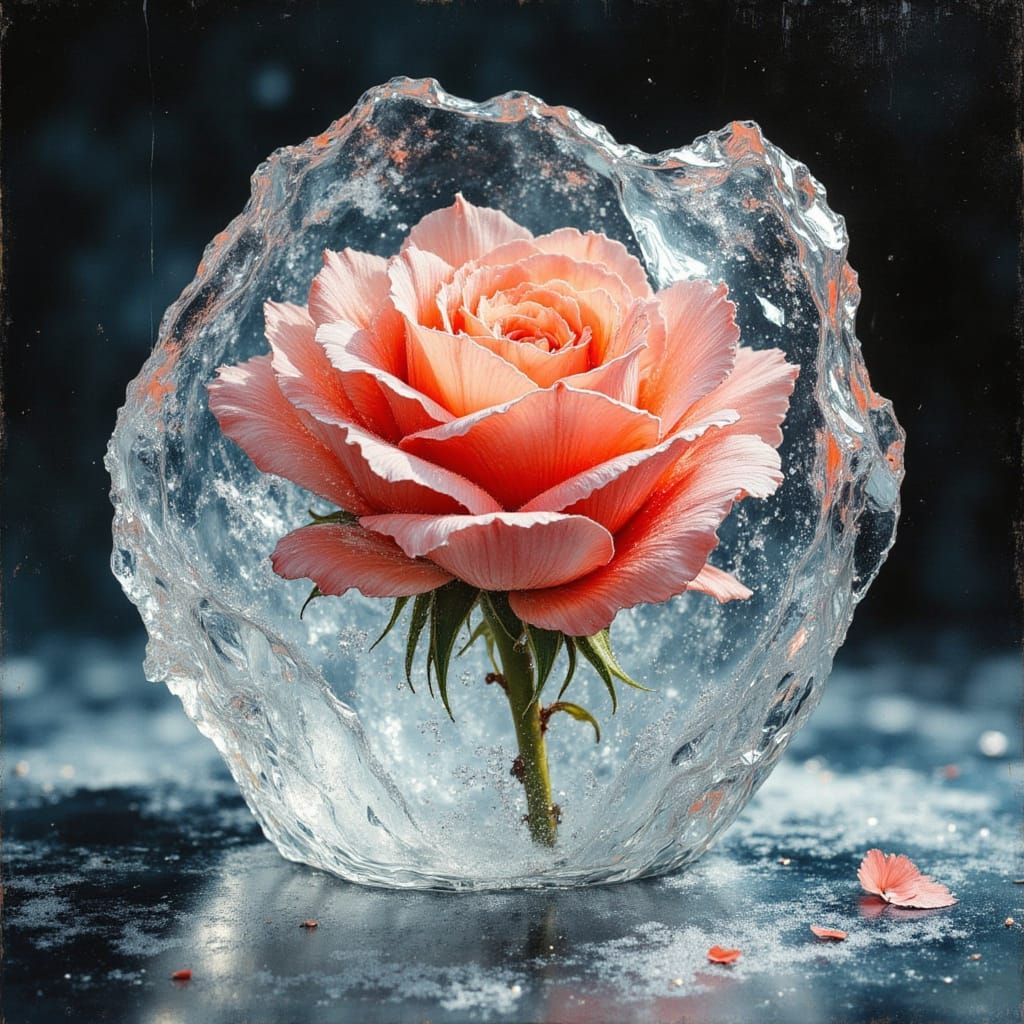 Frozen Rose in Crystal Ice, Oil Painting