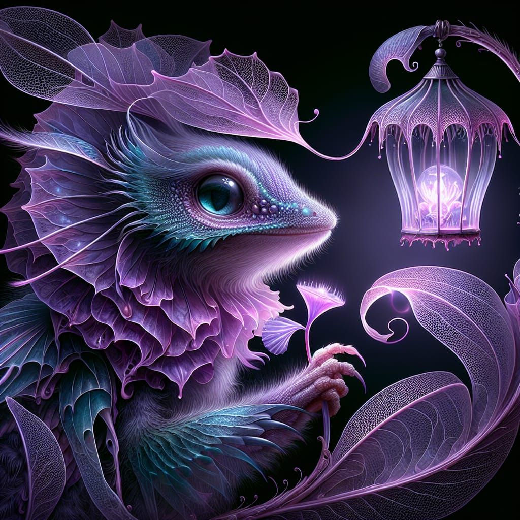 Fantasy Creature With Bioluminescent Flower in Art Nouveau S...