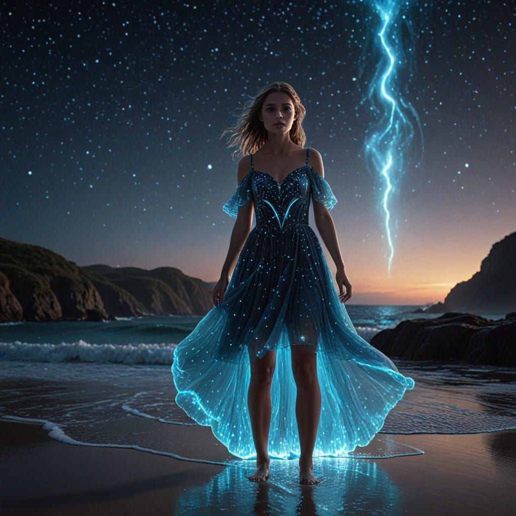 Bioluminescent Ocean Girl in Stary Dress