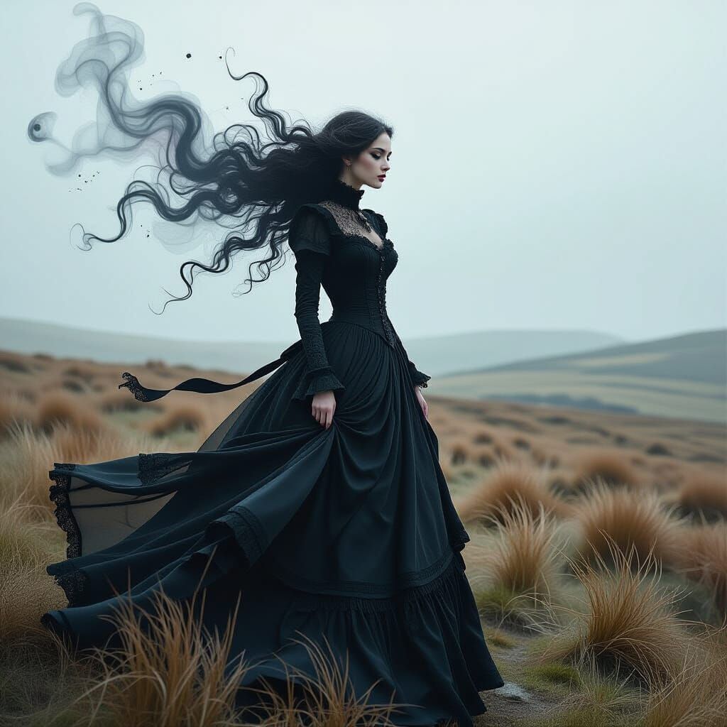 Spectral Woman in Cosmic Dust on Windswept Moor