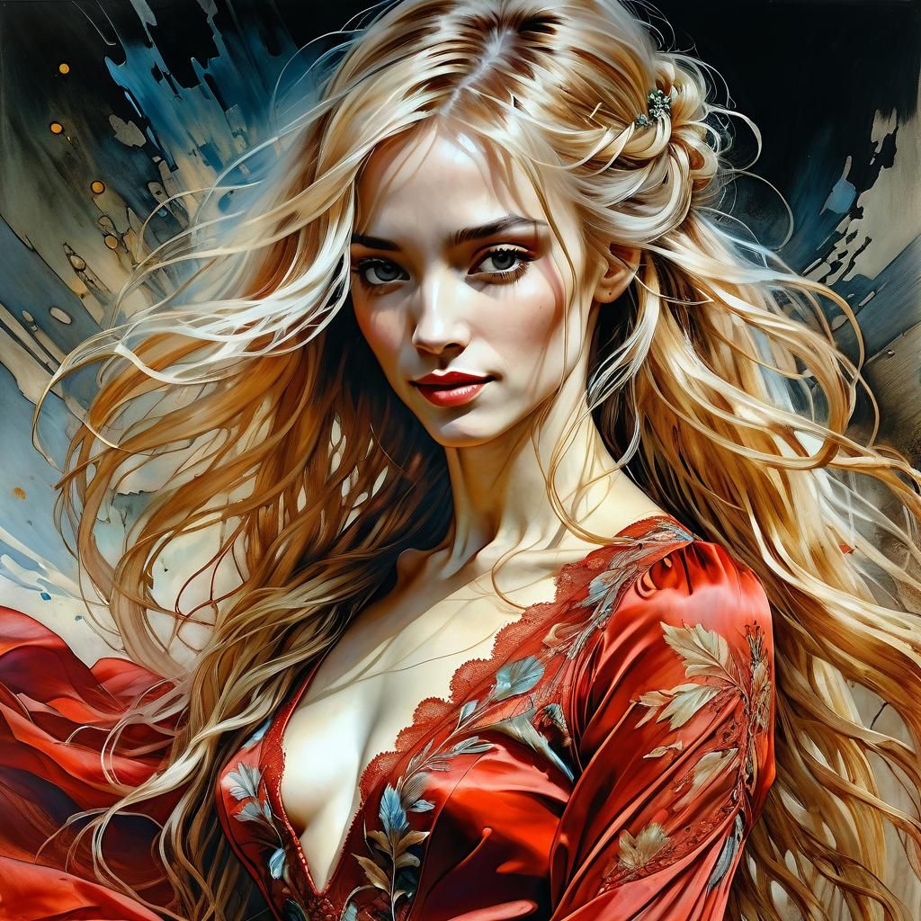 Beautiful Woman in Red Dress: Gothic Anime Oil Painting