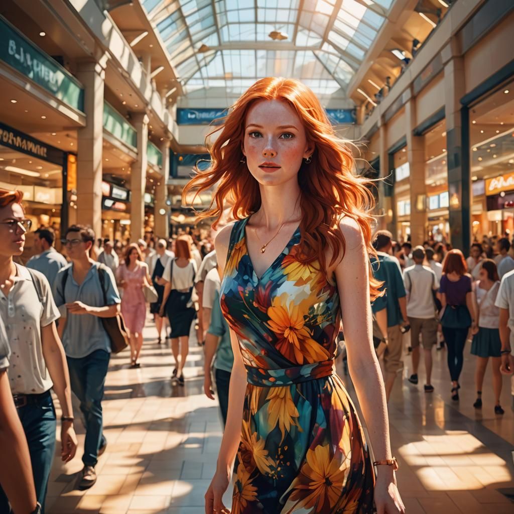 Redhead in Mall: Vibrant Digital Fantasy Art