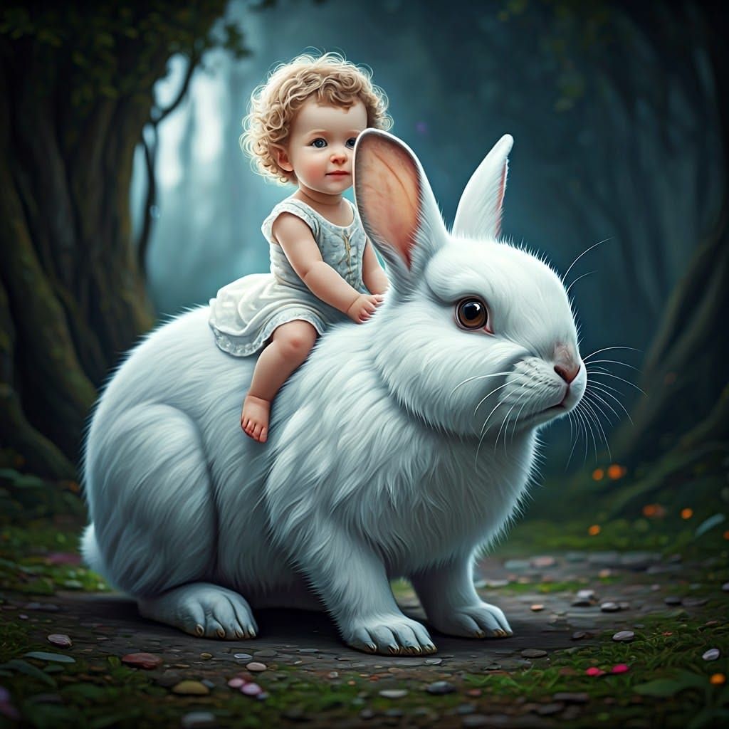 Baby Girl Rides Rabbit in Dreamlike Landscape