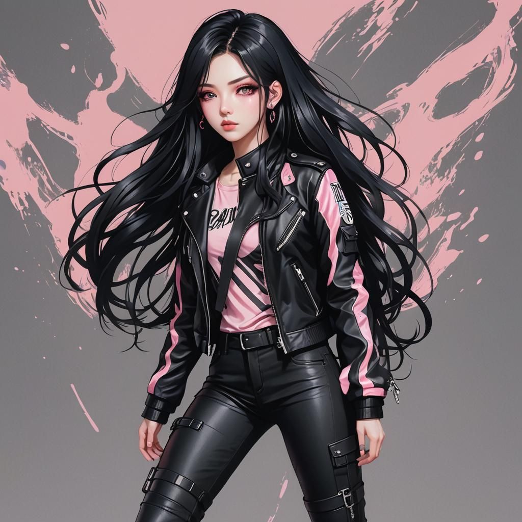 Anime Korean Girl in Leather, Cel-Shaded Digital Art