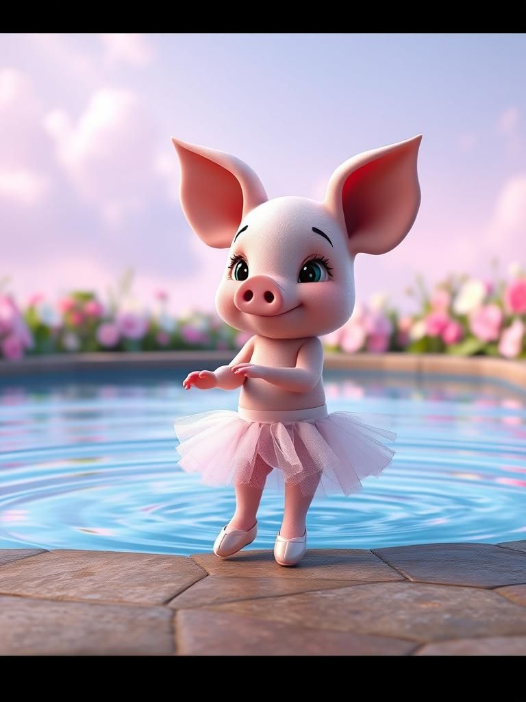 Pink Piglet's Reflection: 3D Render in Pixar Style