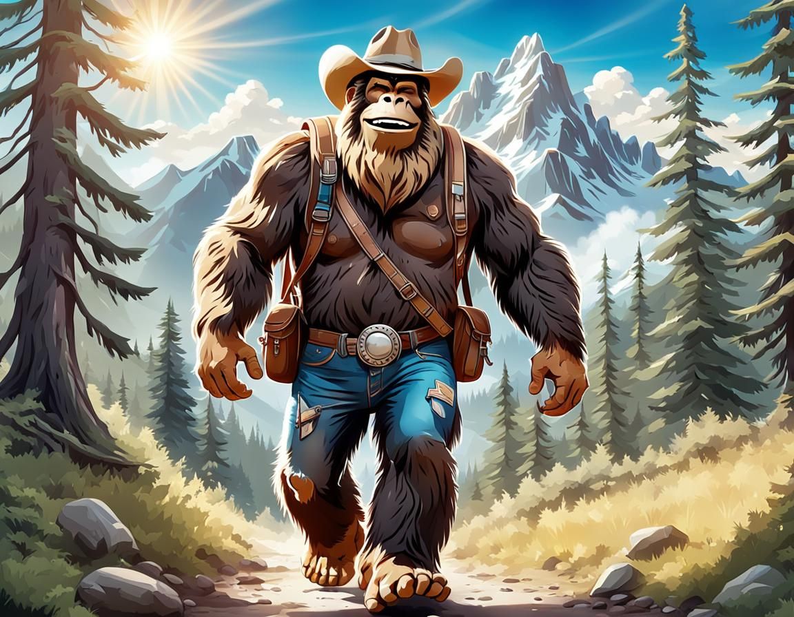 Happy Bigfoot Hikes in Forest: Comic Style