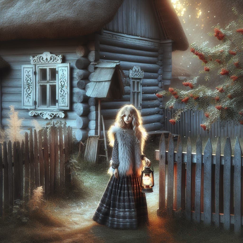 Girl with Lamp in Rustic Autumn Scene