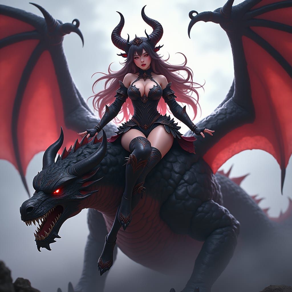 Demoness on Dragon, Hyper-Detailed Fantasy Art
