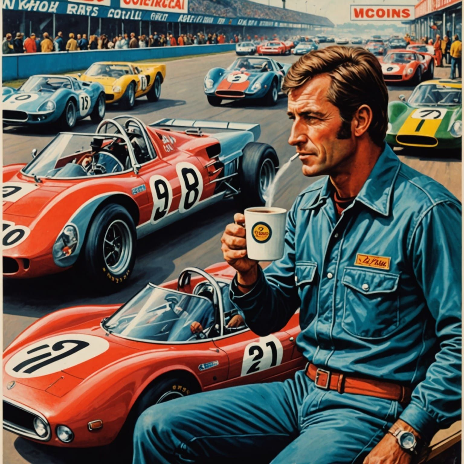 Vintage 1969 Poster: Man, Coffee, and Racing Cars
