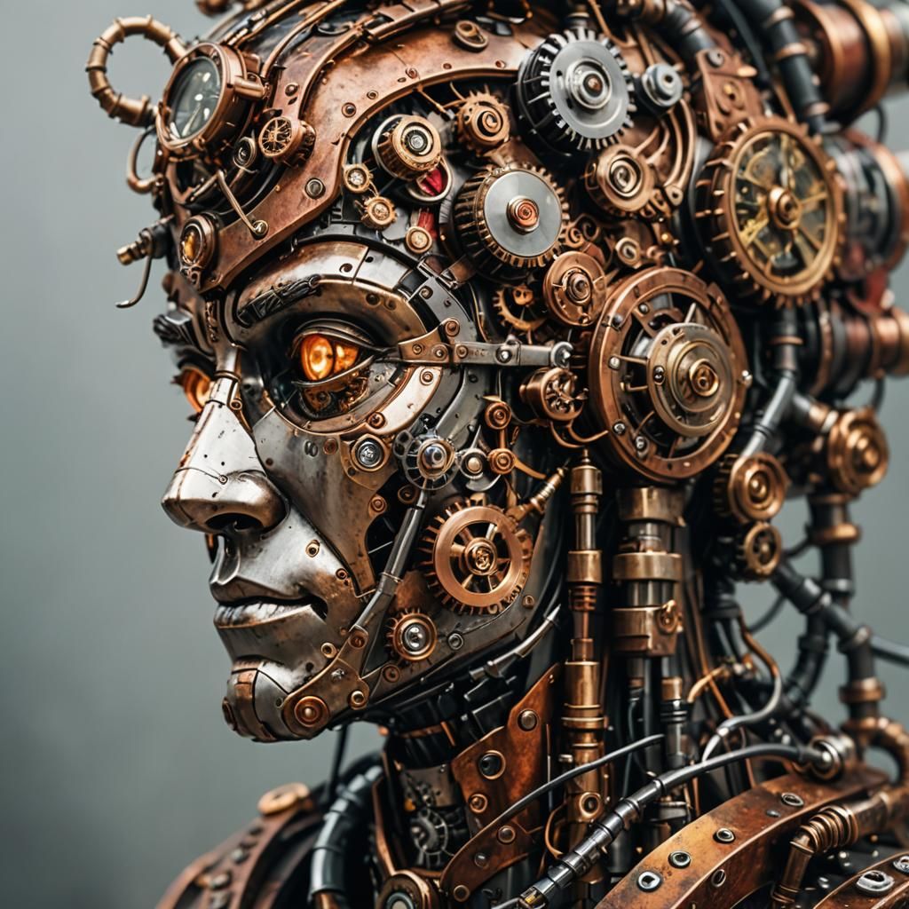 Steampunk Cyberpunk Robotic Head Close-Up