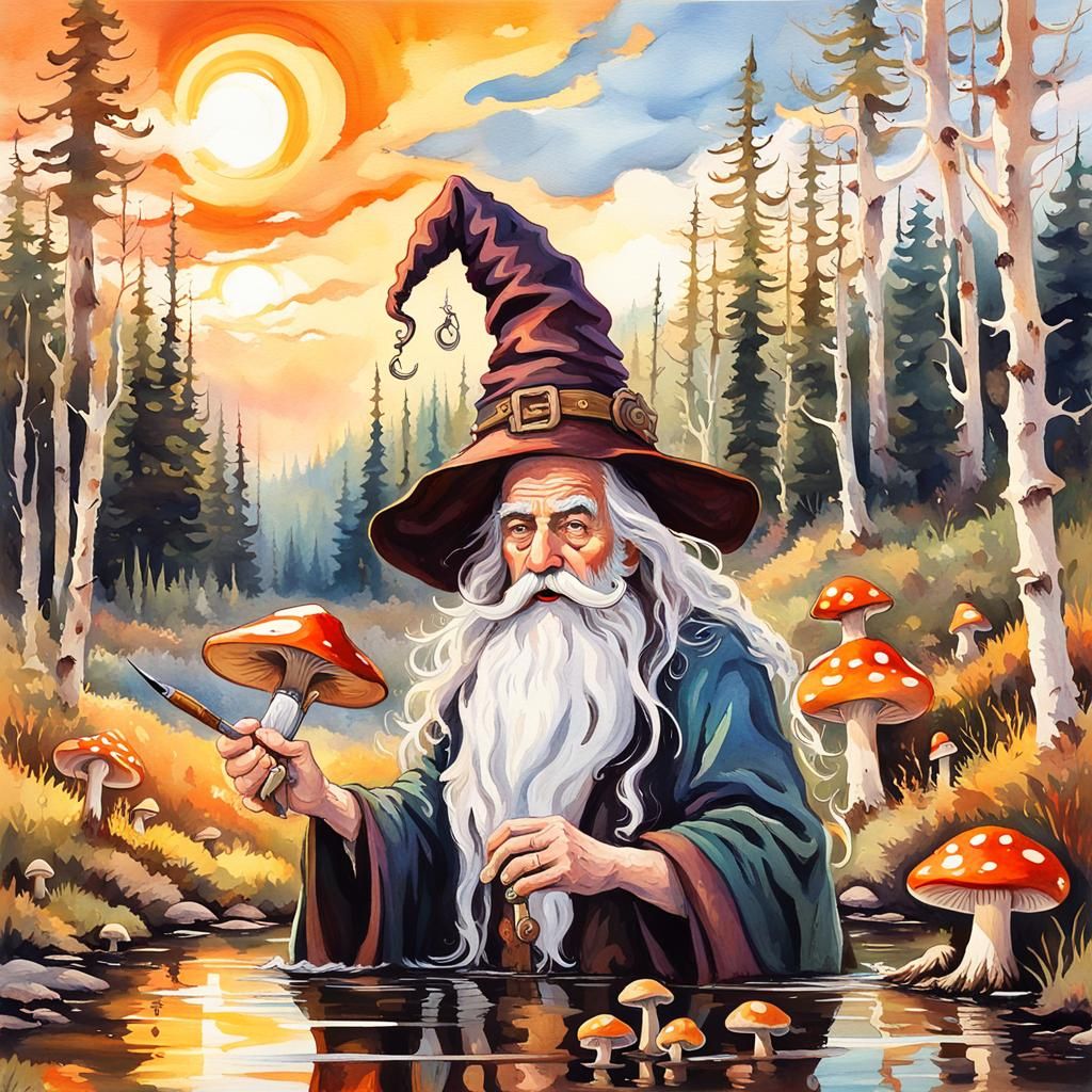 Whimsical Wizard in Autumnal Forest, Gouache Impressionism