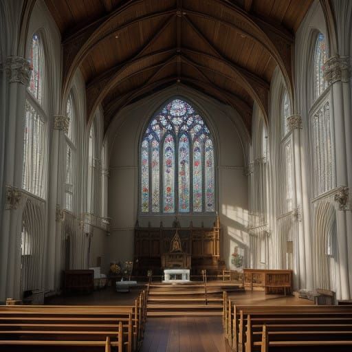 Elegant Church Interior with Majestic Stained Glass Windows