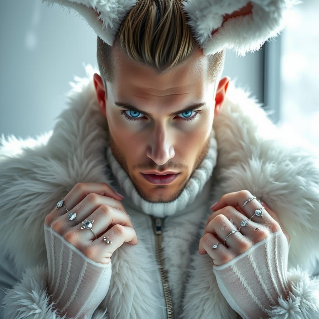 Elegant Icy Playboy in Futuristic White Bunny Suit
